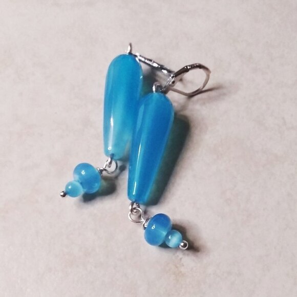 Coastal Aqua Blue Agate ~ Elongated Teardrop Danglers - Sleek Femme & Sexy - Picture 1 of 7